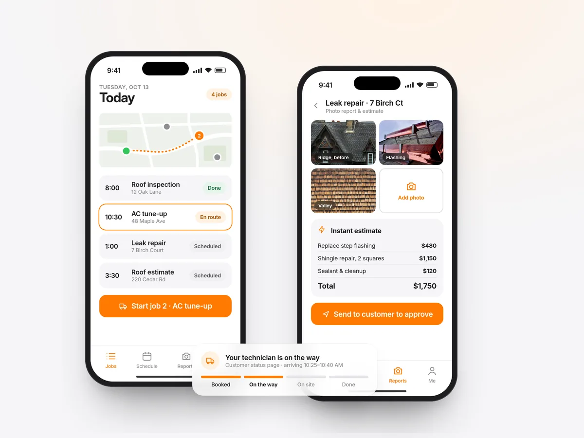 Concept mockup of a field service app on two phones: today's job schedule with a route map, a photo report with an instant estimate, and a customer status tracker showing the technician on the way