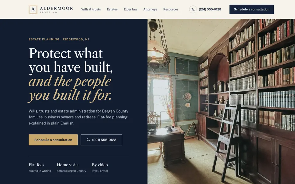 Homepage concept for Aldermoor Estate Law, a fictional estate planning & trusts business in Bergen County, NJ