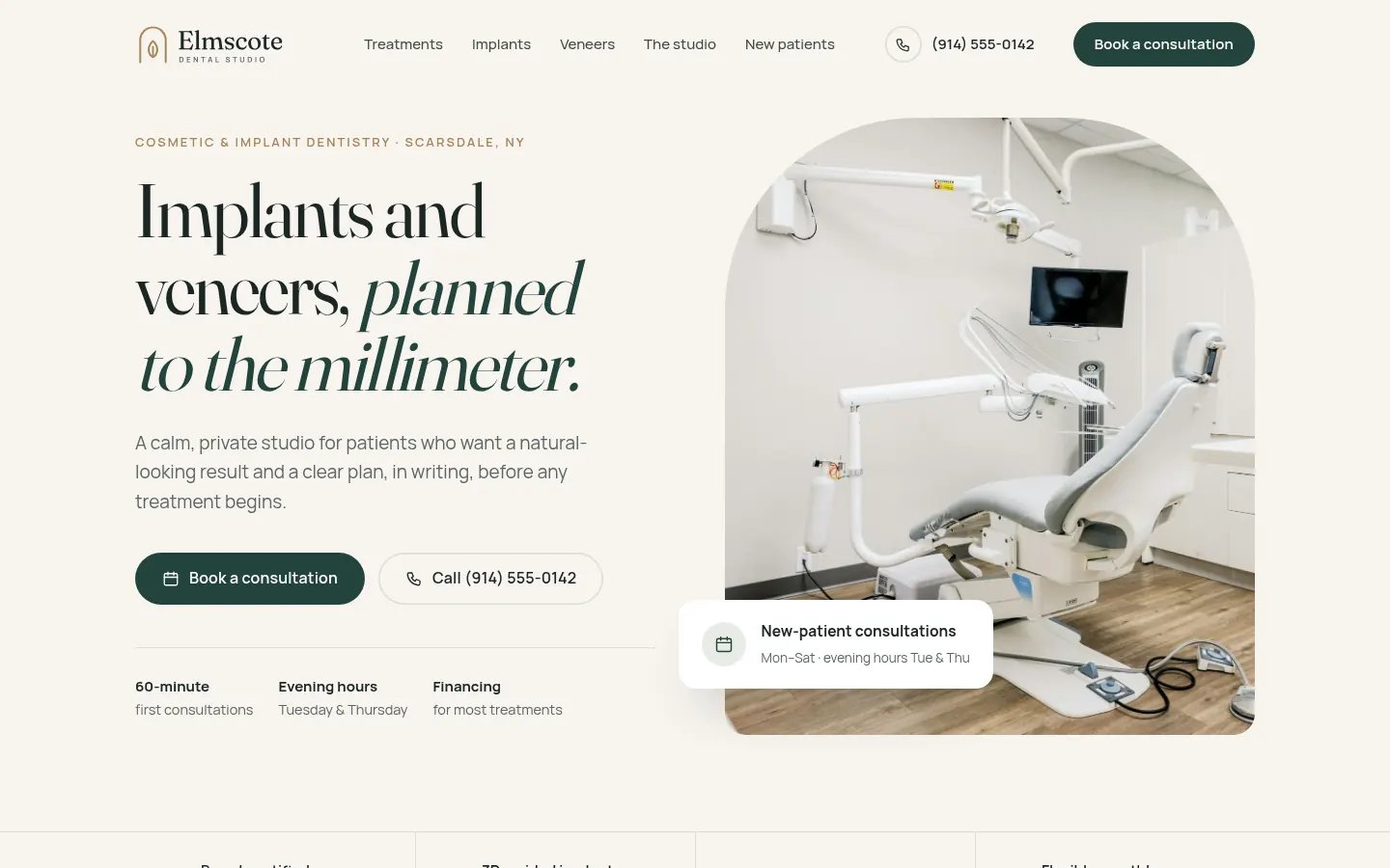 After: redesigned homepage concept for Elmscote Dental Studio, a fictional cosmetic & implant dentistry business in Westchester County, NY