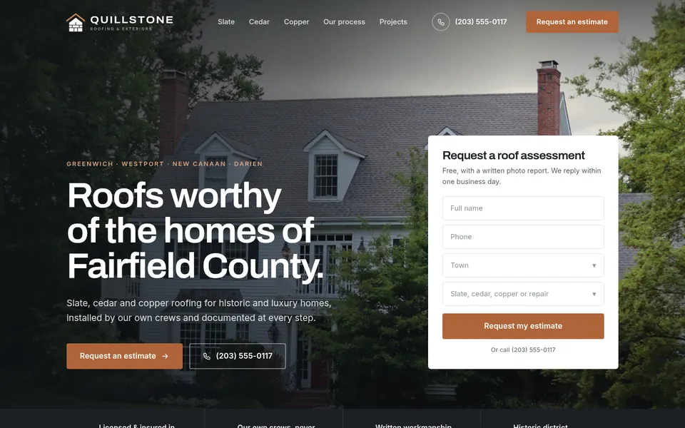 Homepage concept for Quillstone Roofing & Exteriors, a fictional slate, cedar & copper roofing business in Fairfield County, CT