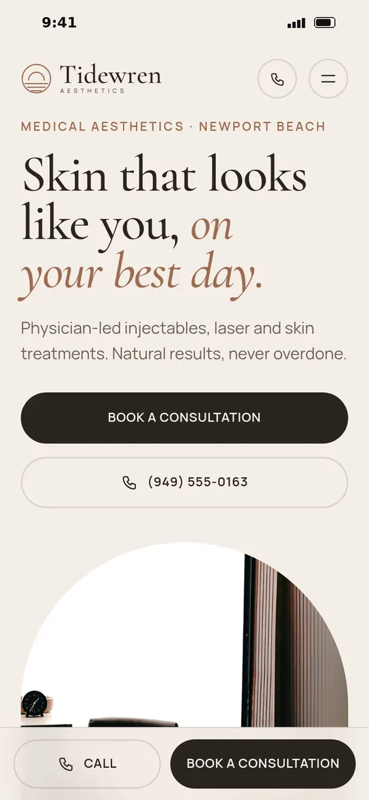 After: Tidewren Aesthetics homepage on a phone, with tap-to-call and booking always in reach